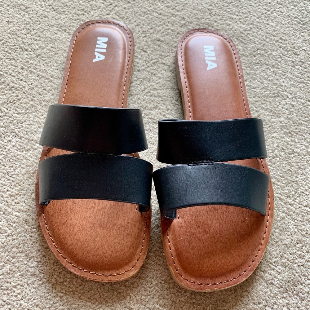 MIA Black and Camel Faux Leather Sandals